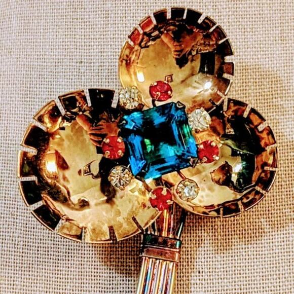 Demi-parure 1940s Gold Vermeil Over Sterling Rhinestone Brooch & Earring Set - Picture 8 of 12